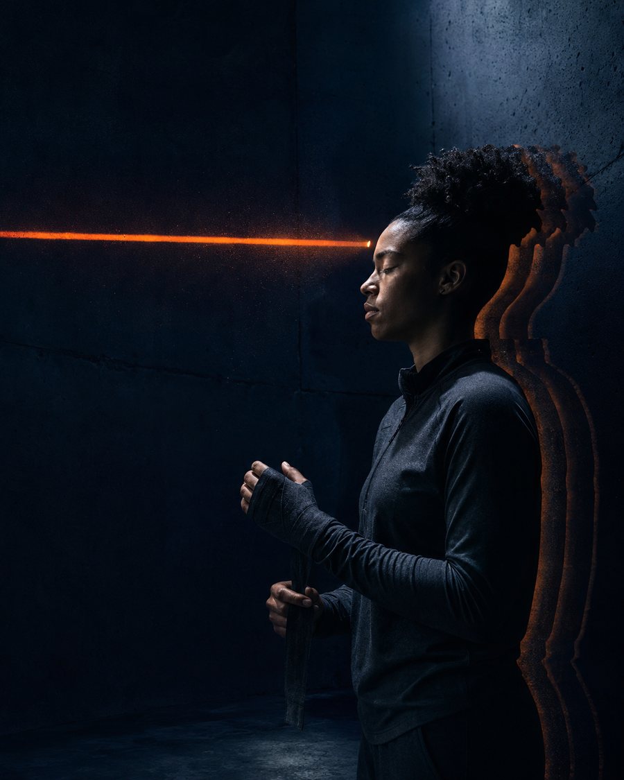 An athlete wrapping her hands in a quiet, dimly lit gym before training.