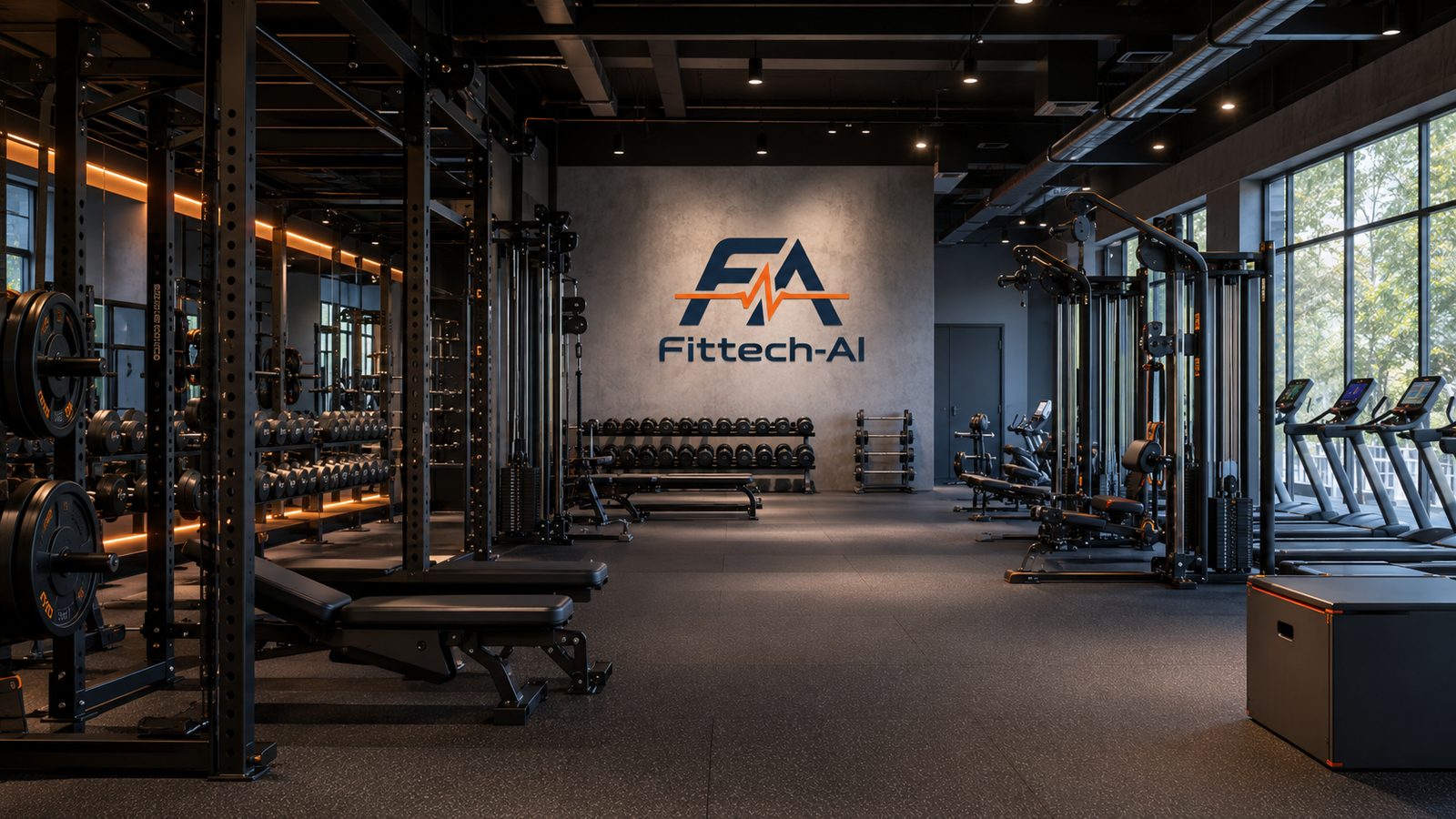 A modern gym floor with squat racks, dumbbells, cable machines and treadmills, with FitTech-AI branding on the far wall.